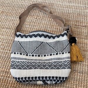 Fat Face Black and Cream Woven Shoulder Bag with Tan Strap